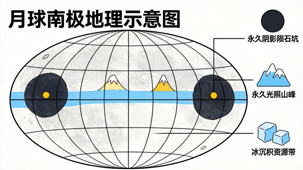 月球南极永久阴影区与永久光照区资源分布图