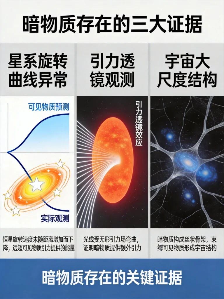 星系旋转曲线异常、引力透镜效应、宇宙大尺度结构——暗物质存在的三大关键证据