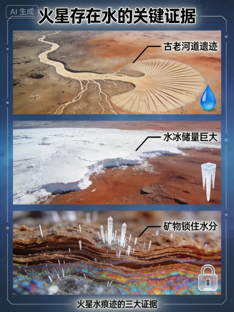 火星探索三大水证据：古老河道遗迹、极地水冰储量、含水矿物锁住水分