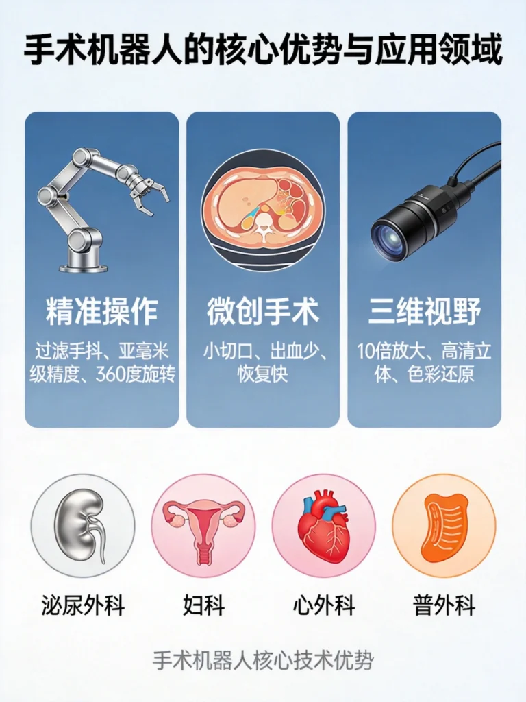 手术机器人三大核心优势——精准操作、微创手术、三维视野，覆盖泌尿、妇科、心外科、普外科领域