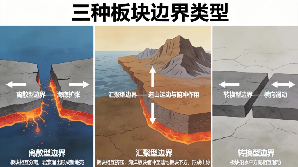 板块构造三种边界类型,离散汇聚转换边界与地质运动机制