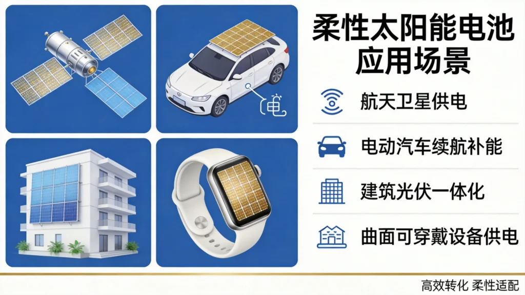 柔性太阳能电池应用场景图，涵盖航天卫星与新能源汽车等多元化领域