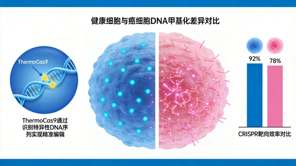 ThermoCas9作用机制图，DNA甲基化识别实现癌细胞与正常细胞区分