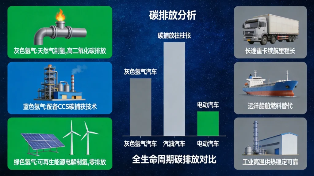 灰氢蓝氢绿氢三种路径碳足迹对比,氢能源汽车与燃油车纯电动车全生命周期排放数据