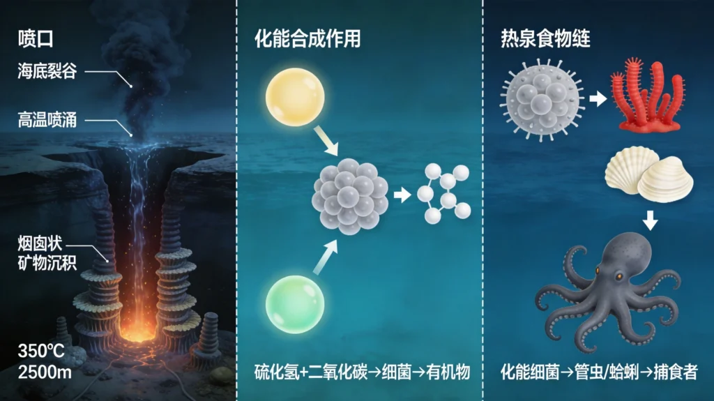 深海热泉生态系统信息图，展示化能合成作用流程与热泉食物链，揭示极端生命如何在没有阳光的环境下繁衍生息