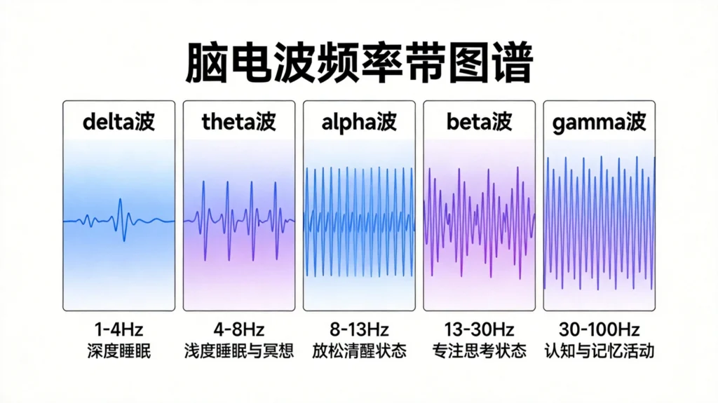 脑电波频段分类图解,展示delta、theta、alpha、beta、gamma五种脑电波的频率特征