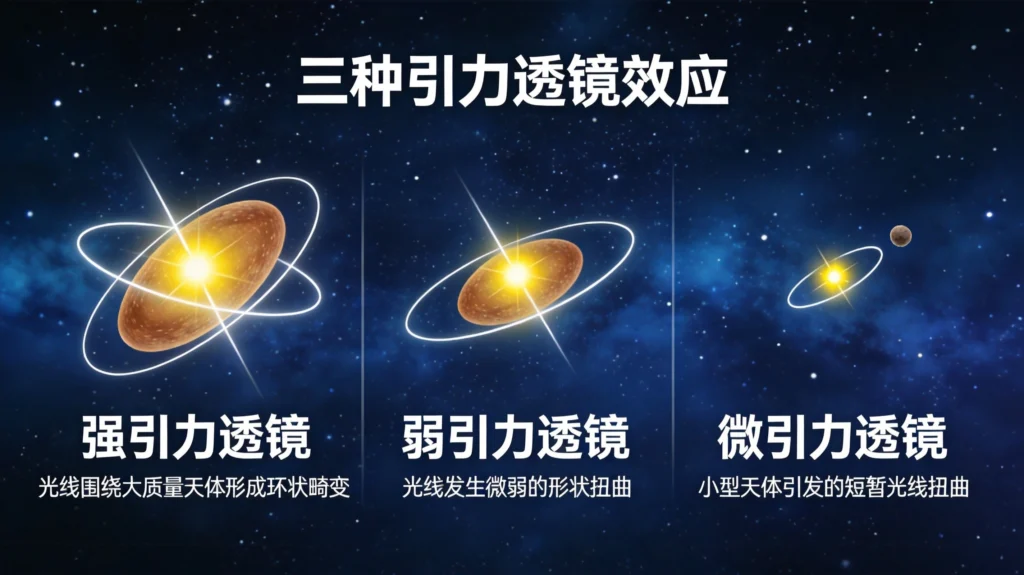 引力透镜类型对比图解，展示强透镜、弱透镜和微透镜三种效应的工作原理差异