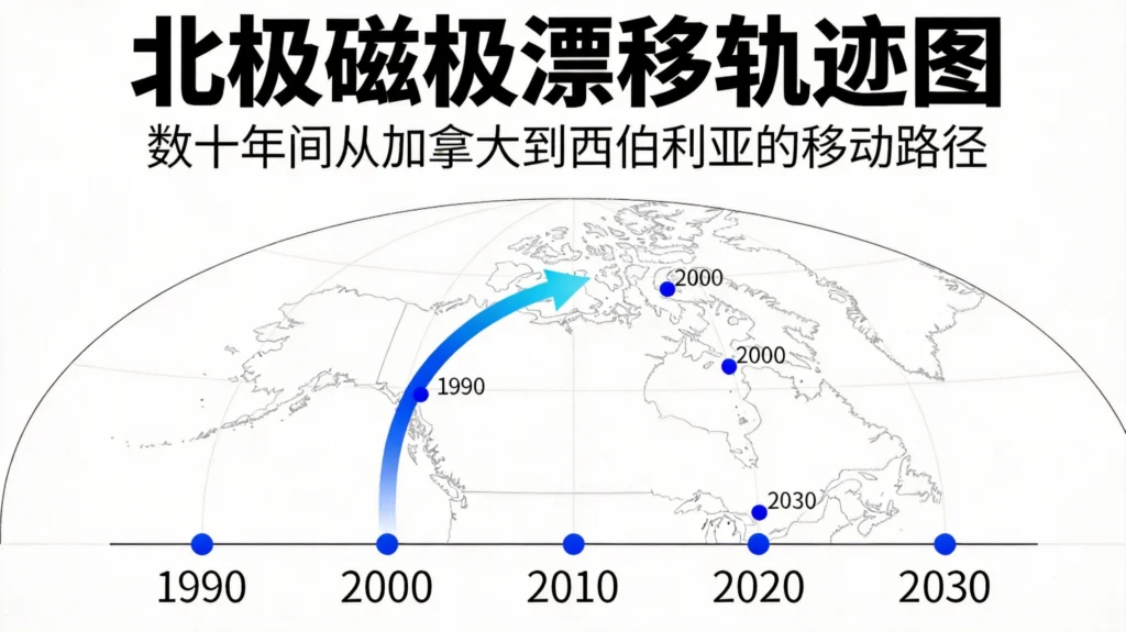 地磁翻转研究中的磁极漂移轨迹图，显示北极从加拿大向西伯利亚移动的历史路径
