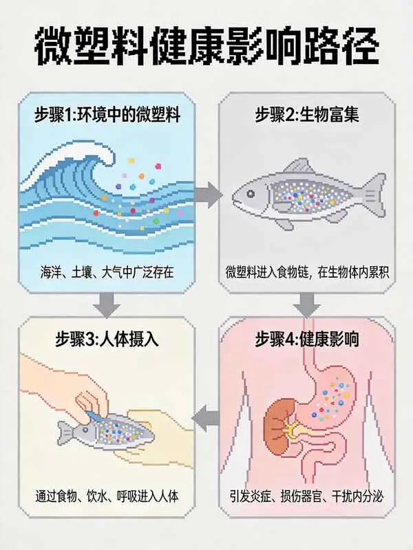 科学插图，微塑料四步机制路径示意